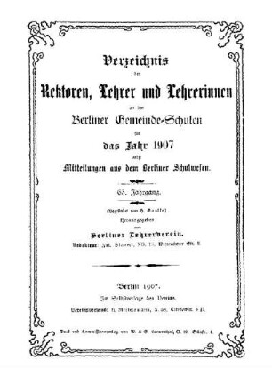 63: Verzeichnis der Rektoren, Lehrer und Lehrerinnen an den Berliner Gemeindeschulen - 63.1907