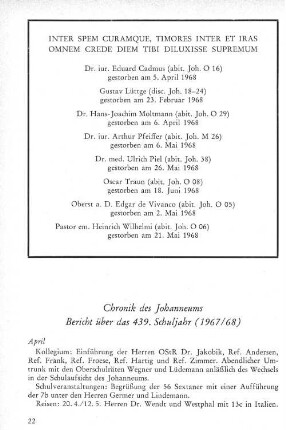 Chronik des Johanneums Bericht über das 439. Schuljahr (1967/68)