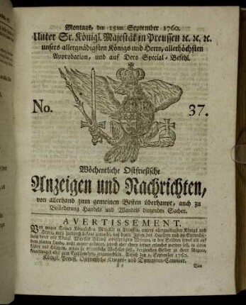 No. 37. Montags, den 15ten September 1760.