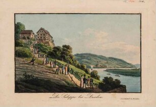 Der Ausflugsgasthof Saloppe im Fachwerkstil am rechten Elbufer zwischen Loschwitz und Dresden (1813 Bretterbude mit Ausschank, 1822 Neubau im Fachwerkstil, 1876 Neubau in neoromanischem Baustil)