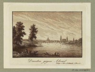 Ansicht von Dresden, Radierung, 1840 : Dresden gegen Abend / Peschek sc. - Dresden : Otto u. Lehmann, [ca. 1840]. - 1 Kunstblatt : Radierung ; 10,5 x 7,5 cm
