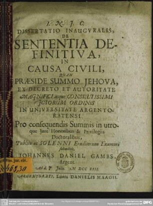 Dissertatio Inauguralis, De Sententia Definitiva, In Causa Civili