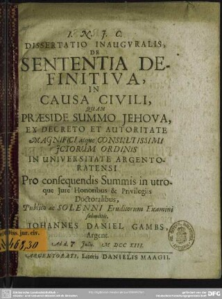 Dissertatio Inauguralis, De Sententia Definitiva, In Causa Civili