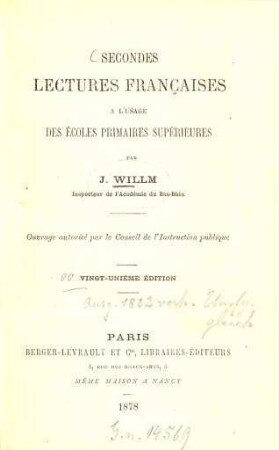 Secondes Lectures Françaises à l'usage des écoles primaires supérieures par J. Willm