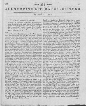 Wolff, F. L. T.: Der evangelische Predigerstand nach seiner Wirksamkeit, seinen Bedürfnissen und Erfordernissen. Lüneburg: Herold & Wahlstab 1823