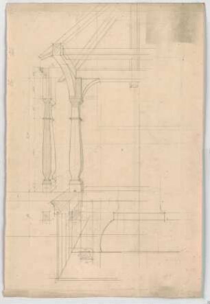 Thiersch, Friedrich von; nicht bestimmbare Blätter - Balustradenentwurf (Perspektiven, Schnitte, Detail)
