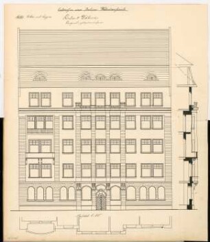 Berliner Wohnhausfassade Monatskonkurrenz März 1905: Aufriss der Fassade, Vertikalschnitt, Horizontalschnitt 1:50