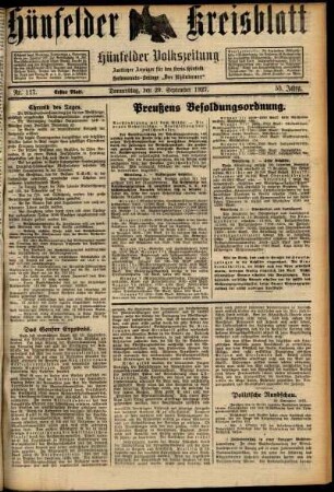 Erste Ausgabe vom Donnerstag, den 29. September 1927.