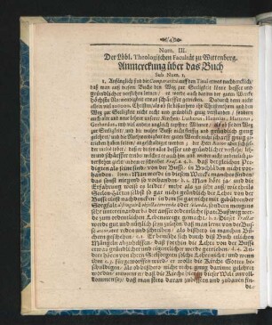 Num. III. Der Löbl. Theologischen Facultät zu wittenberg Anmerckung über das Buch.