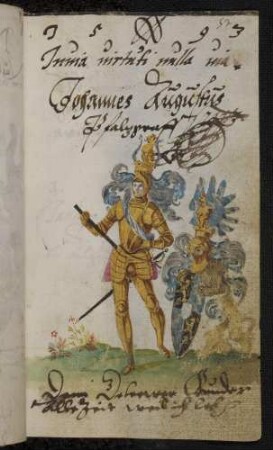 Pfalzgraf Johannes August (von Pfalz-Veldenz-Lützelstein) (1575-1611) in Prunkrüstung mit Wappen und Löwe als Wappenhalter, Eintrag 1593