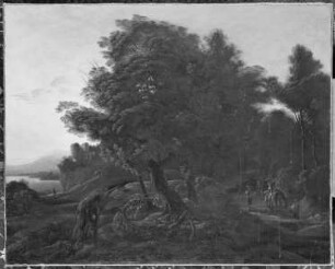 Waldlandschaft mit Wanderen und Reiterin