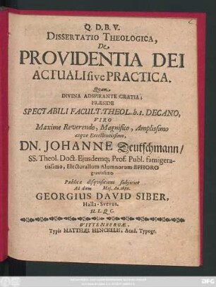 Dissertatio Theologica, De Providentia Dei Actuali sive Practica