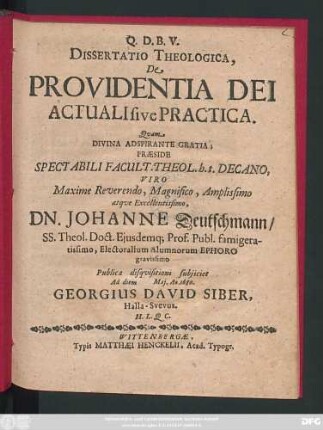Dissertatio Theologica, De Providentia Dei Actuali sive Practica