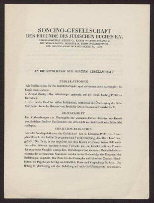 Mitteilung der Soncino-Gesellschaft betreffend Publikationen, Soncino-Blätter, Formalitäten und Jahresversammlung