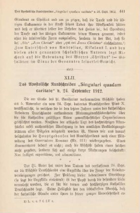 441-444 Das Apostolische Rundschreiben "Singulari quadam caritate" v. 24. September 1912