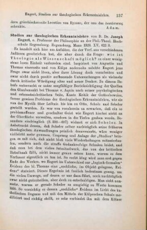 137-138 [Rezension] Engert, Joseph, Studien zur theologischen Erkenntnislehre