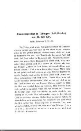 Examenspredigt in Tübingen (Schloßkirche) am 30. Juli 1914