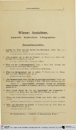 Wiener Ansichten. Aquarelle. Kupferstiche. Lithographien (Nr. 1-206)