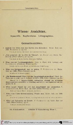 Wiener Ansichten. Aquarelle. Kupferstiche. Lithographien (Nr. 1-206)