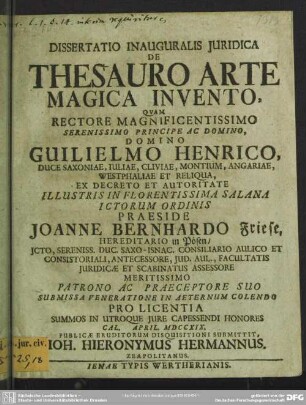 Dissertatio Inauguralis Iuridica De Thesauro Arte Magica Invento