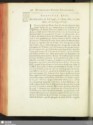 Chapitre LVII. Des Chevaliers de la Chausse, de l'Etole d'Or, de saint Marc, & du Doge à Venise