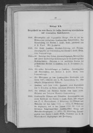 Anlage VI. Verzeichniß der vom Verein seit dessen Gründung veranstalteten und veranlaßten Publikationen.