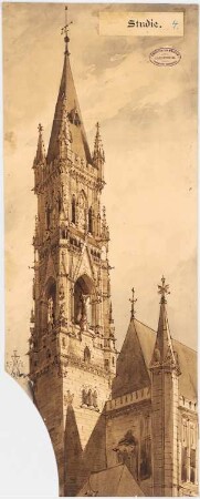 Rathaus, Aachen Wiederaufbau der Rathaustürme: Perspektivische Ansicht des Turmes (Studie 4)