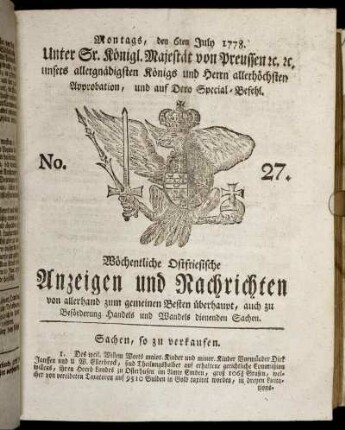 No. 27. Montags, den 6ten July 1778.
