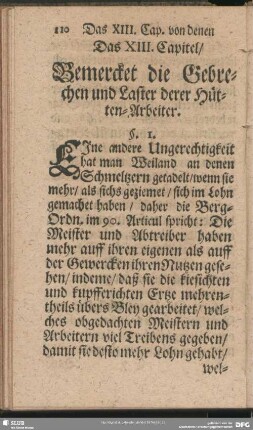 Das XIII. Capitel Bemercket die Gebrechen und Laster derer Hütten-Arbeiter