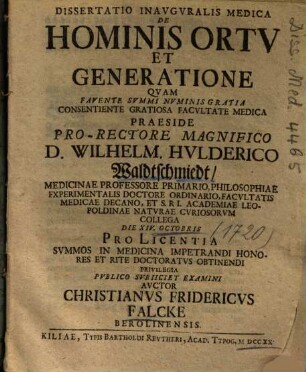 Dissertatio Inavgvralis Medica De Hominis Ortv Et Generatione