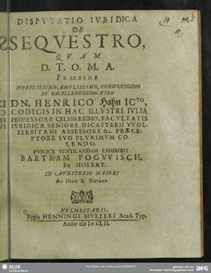 Disputatio Iuridica De Sequestro