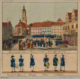 100-jähriges Jubiläumsfest der Schützengesellschaften auf dem Marktplatz mit der Frauenkirche in Meißen, mit Schützendarstellung