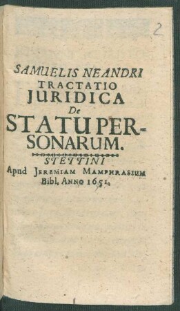 Samuelis Neandri Tractatio Iuridica De Statu Personarum