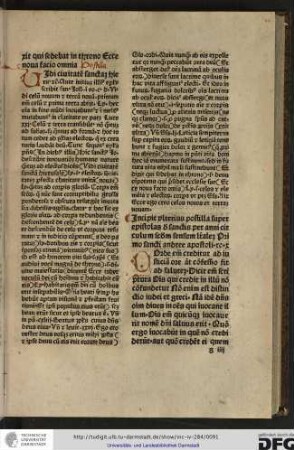 Incipit ulterius postilla super epistolas de sanctis per anni circulum secundum sensum litteralem, primo sancti Andree apostoli, Ro x.