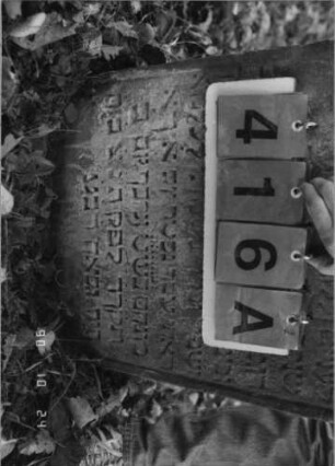 Grabstein 416 (Index: 100115650) Material: Sandstein Zustand: verwittert Maße HxBxT: 70x47x9 cm Beschreibung: Stele mit Rundbogenabschluß, eingetieftes Schriftfeld, weiteres Schriftfeld am Rundbogen Symbolik: Krone (des guten Namens) Besonderheit: kulturhistorisch wertvoll / hist.-wiss. Gründe (Gemeindestellung): Grabstein 416A (Nachholaufnahme)
