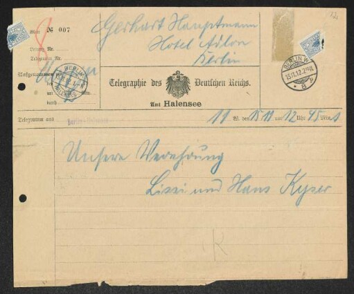 Brief von Hans Kyser und Lissi Kyser an Gerhart Hauptmann