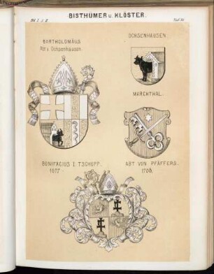Taf. 33. Bartholomäus Abt. v. Ochsenhausen. - Ochsenhausen. - Marchthal. - Bonifacius I. Tschupp. Abt. von Pfäffers. 1706.