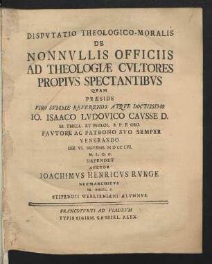 Disputatio Theologico-Moralis De Nonnullis Officiis Ad Theologiæ Cultores Propius Spectantibus