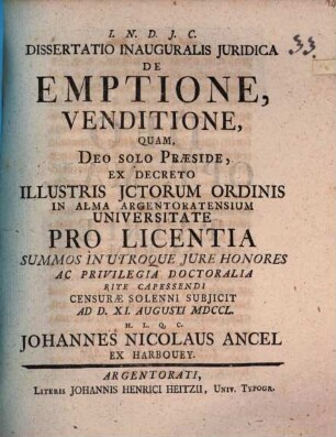 Diss. inaug. iur. de emptione, venditione