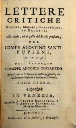 Lettere Critiche Giocose, Morali, Scientifiche, Ed Erudite, Tomo Terzo