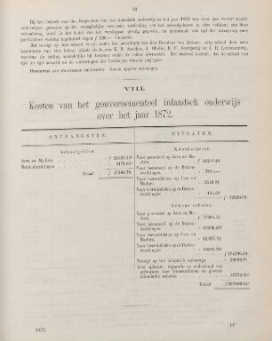 VIII. Kosten van het gouvernementeel inlandsch over het jaar 1872