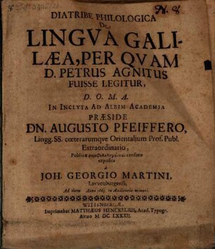 Diatribe philol. de lingua Galilaea, per quam D. Petrus agnitus fuisse legitur
