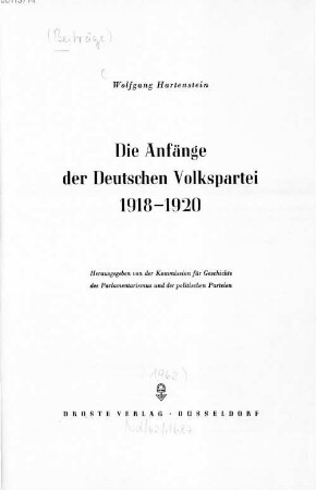 Die Anfänge der Deutschen Volkspartei 1918-1920