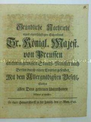Bericht Friedrichs des Großen über den Sieg in der Schlacht bei Hennersdorf am 23. November 1745