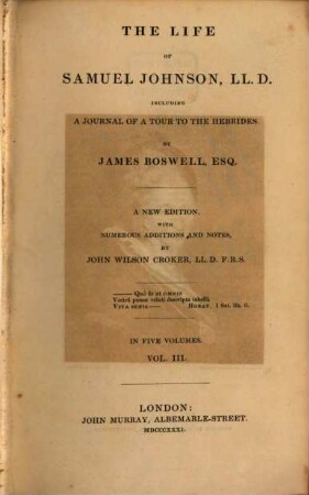 The life of Samuel Johnson, LL.D. including a journal of a tour to the Hebrides : in five volumes, 3