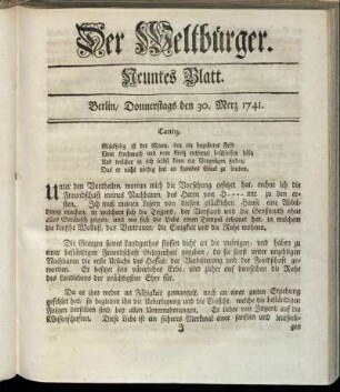 Neuntes Blatt. Berlin, Donnerstags den 30. Merz 1741.