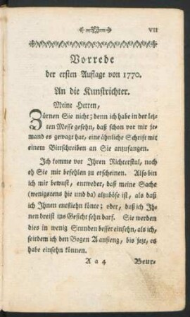 Vorrede der ersten Auflage von 1770. An die Kunstrichter.