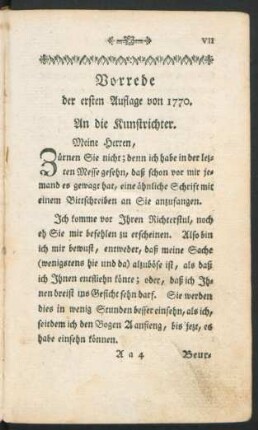 Vorrede der ersten Auflage von 1770. An die Kunstrichter.
