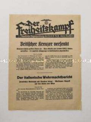 Nachrichtenblatt der sächsischen NSDAP-Zeitung "Der Freiheitskampf" über den deutschen Luftangriff der englischen Hafenstadt Dover