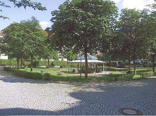 Hansjakob, Gottfried; Augsburg - Universitätsviertel; Neue Universität und Wohnbebauung Universitätsviertel, Außenanlagen, Freiflächengestaltung - Universitätsviertel, 2. BA Außengestaltung, zentraler Pavillon mit Sitzbänken